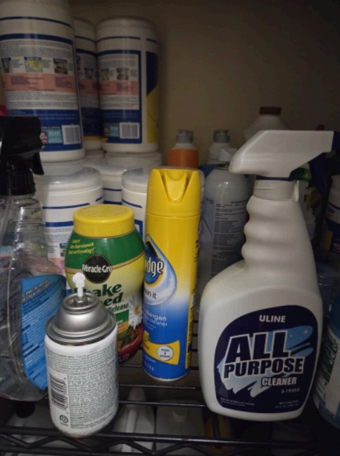 A collection of household cleaning products on a shelf