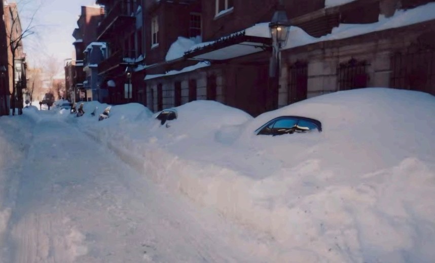 A street covered in deep snow with cars buried under the snowdrifts